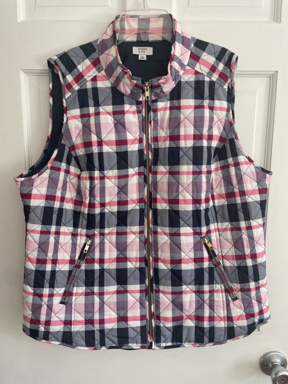 crown & ivy Navy, Pink and White Quilted Plaid Puffer Vest